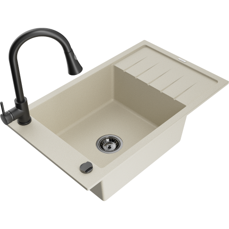 Mexen Elias Granitspüle 1-Becken mit Abtropffläche und Küchenarmatur Elia, beige- 6511-69-670101-70