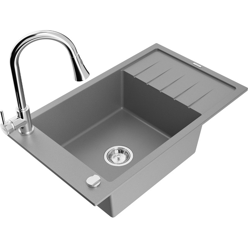 Mexen Elias granitspüle 1-becken mit abtropffläche und küchenarmatur Elia, grau - 6511-71-670101-00