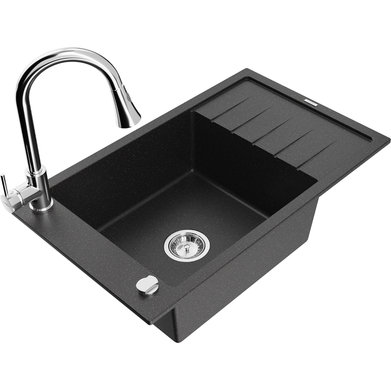 Mexen Elias Granitspüle 1-beckig mit Abtropffläche und Küchenarmatur Elia, Schwarz/Silber Metallic - 6511-73-670101-00