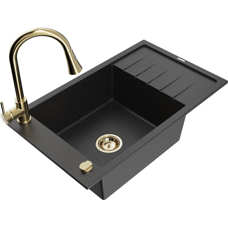 Mexen Elias Granitspüle 1-beckig mit Abtropffläche und Küchenarmatur Elia, schwarz/silber metallic - 6511-73-670101-50