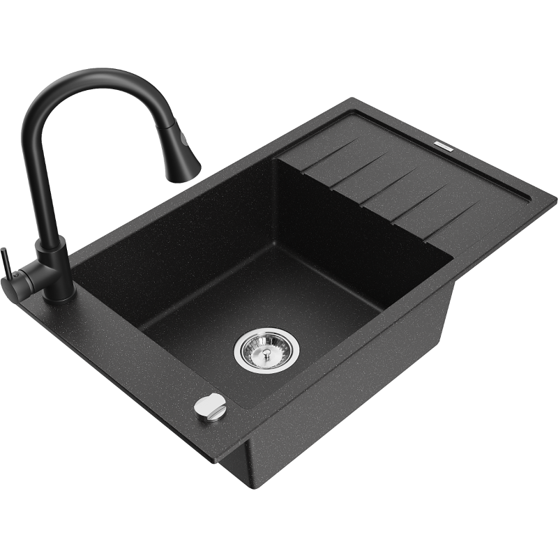 Mexen Elias Granitspüle 1-beckig mit Abtropffläche und Küchenarmatur Elia, schwarz/silber metallic - 6511-73-670101-70