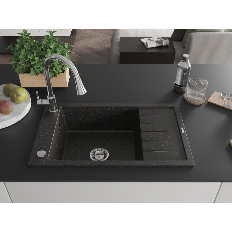 Mexen Elias Granitspüle 1-Becken mit Abtropffläche und Küchenarmatur Elia, Schwarz/Gold Metallic - 6511-75-670101-00