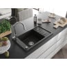 Mexen Elias Granitspüle 1-Becken mit Abtropffläche und Küchenarmatur Elia, Schwarz/Gold Metallic - 6511-75-670101-00