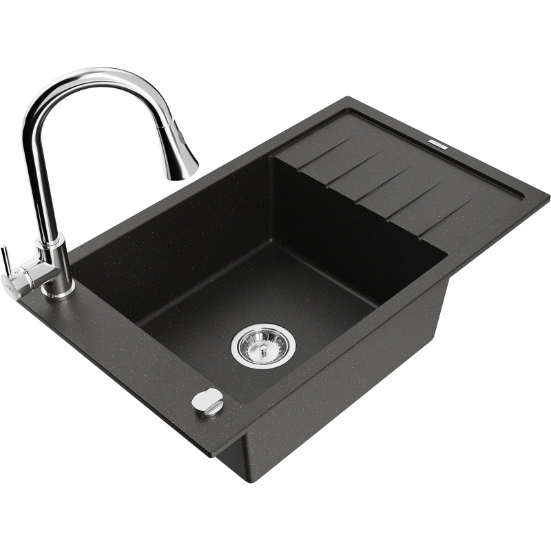 Mexen Elias Granitspüle 1-Kammer mit Abtropffläche und Küchenarmatur Elia, schwarz/gold metallic - 6511-75-670101-00