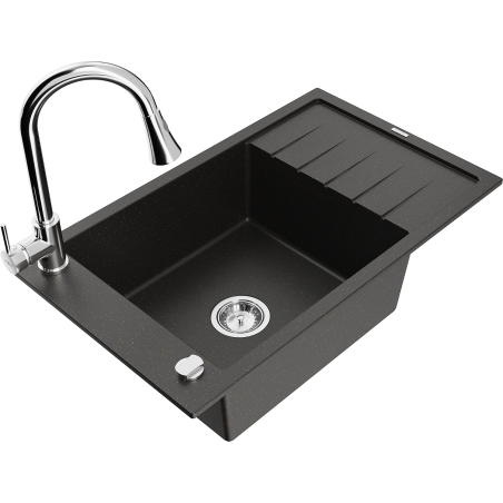 Mexen Elias Granitspüle 1-Becken mit Abtropffläche und Küchenarmatur Elia, Schwarz/Gold Metallic - 6511-75-670101-00