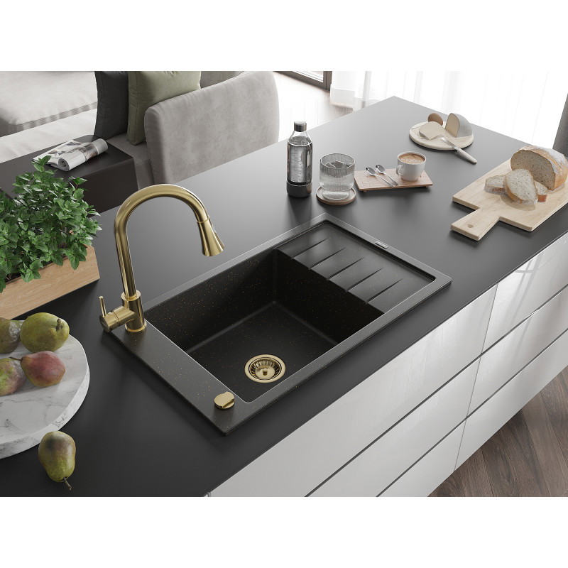 Mexen Elias Granitspüle 1-Becken mit Abtropffläche und Küchenarmatur Elia, schwarz/gold metallisch - 6511-75-670101-50