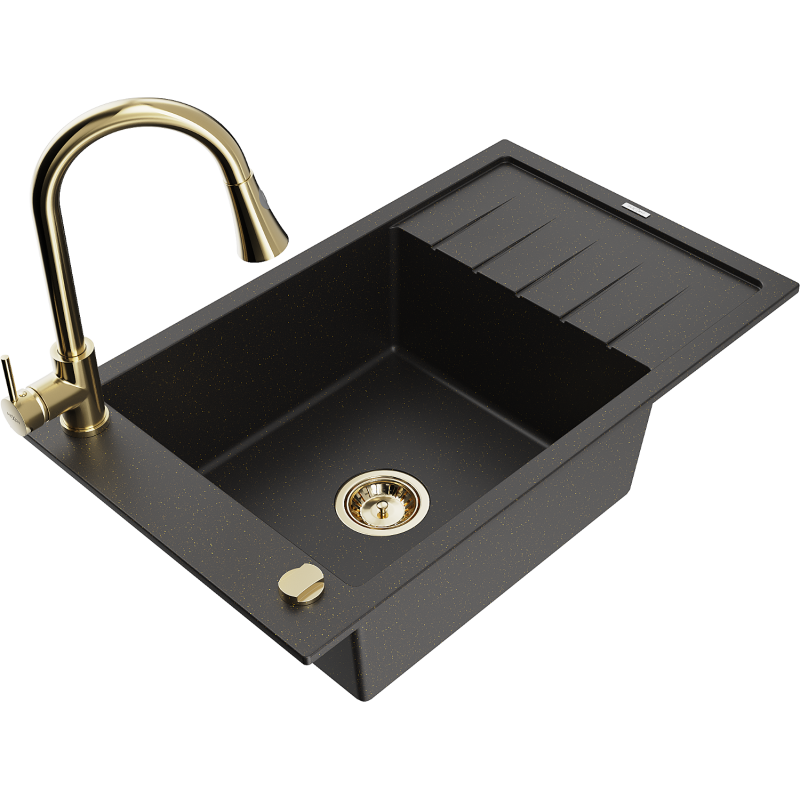 Mexen Elias Granitspüle 1-Becken mit Abtropffläche und Küchenarmatur Elia, schwarz/gold metallisch - 6511-75-670101-50
