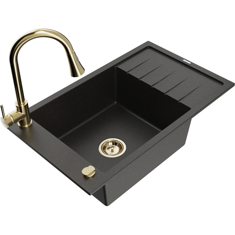 Mexen Elias Granitspüle 1-beckig mit Abtropffläche und Küchenarmatur Elia, schwarz/goldmetallic - 6511-75-670101-50