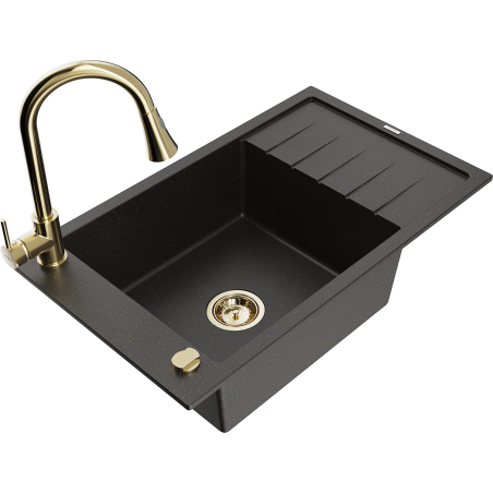 Mexen Elias Granitspüle 1-Becken mit Abtropffläche und Küchenarmatur Elia, Schwarz/Gold Metallic - 6511-75-670101-50