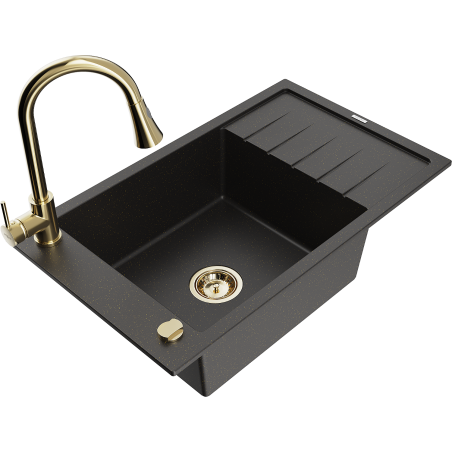 Mexen Elias Granitspüle 1-Becken mit Abtropffläche und Küchenarmatur Elia, schwarz/gold metallisch - 6511-75-670101-50