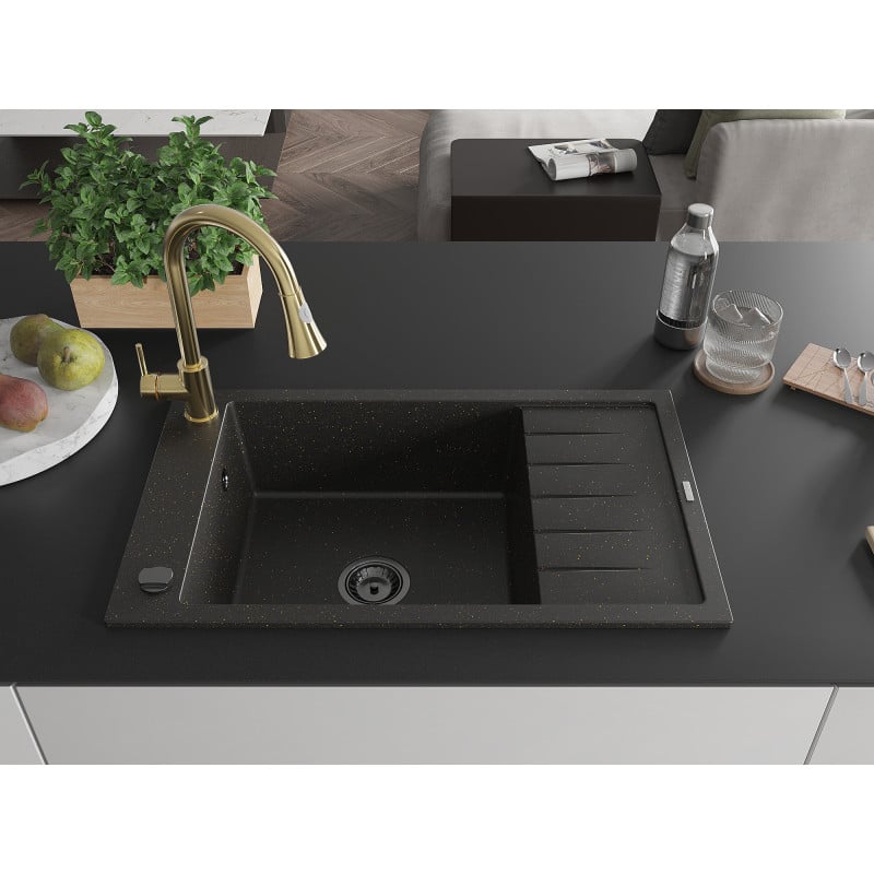 Mexen Elias Granitspüle 1-beckig mit Abtropffläche und Küchenarmatur Elia, Schwarz/Gold Metallic - 6511-75-670101-50-B
