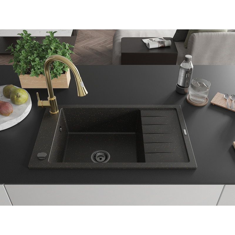 Mexen Elias Granitspüle 1-beckig mit Abtropffläche und Küchenarmatur Elia, schwarz/goldener Metallic - 6511-75-670101-50-B