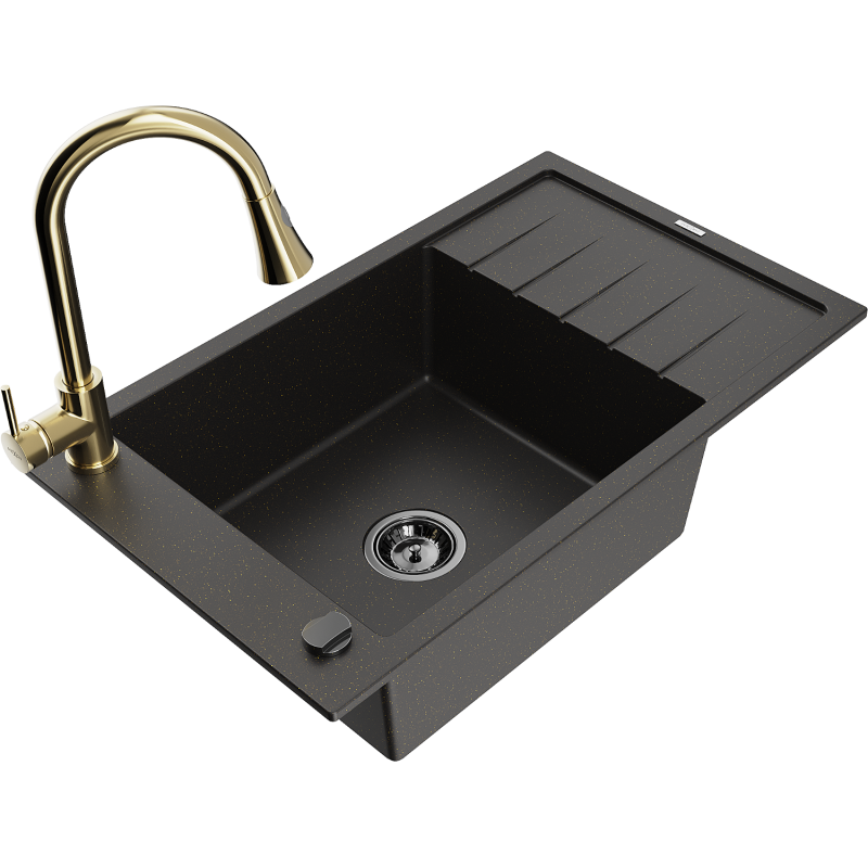 Mexen Elias Granitspüle 1-beckig mit Abtropffläche und Küchenarmatur Elia, Schwarz/Gold Metallic - 6511-75-670101-50-B