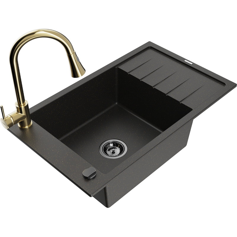 Mexen Elias Granitspüle 1-beckig mit Abtropffläche und Küchenarmatur Elia, schwarz/goldener Metallic - 6511-75-670101-50-B