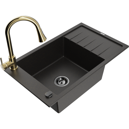 Mexen Elias Granitspüle 1-beckig mit Abtropffläche und Küchenarmatur Elia, Schwarz/Gold Metallic - 6511-75-670101-50-B