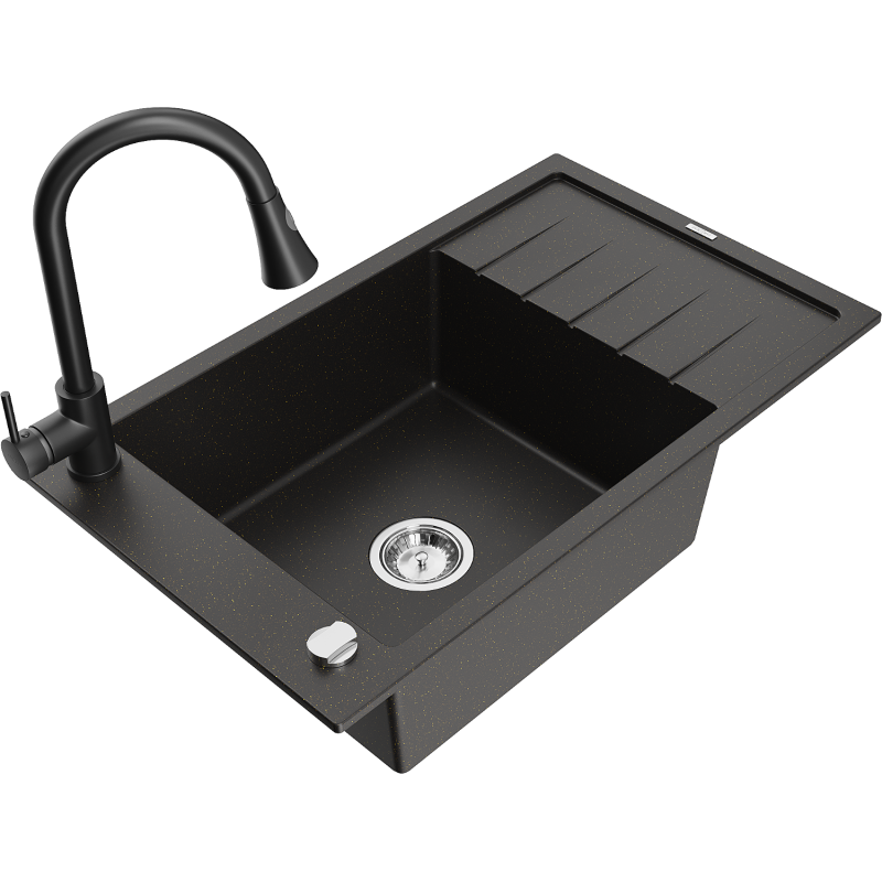 Mexen Elias Granitspüle 1-Becken mit Abtropffläche und Küchenarmatur Elia, schwarz/gold metallic - 6511-75-670101-70