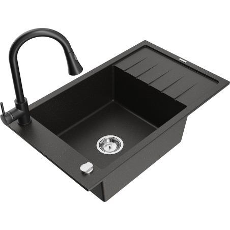 Mexen Elias Granitspüle 1-Becken mit Abtropffläche und Küchenarmatur Elia, schwarz/gold metallic - 6511-75-670101-70