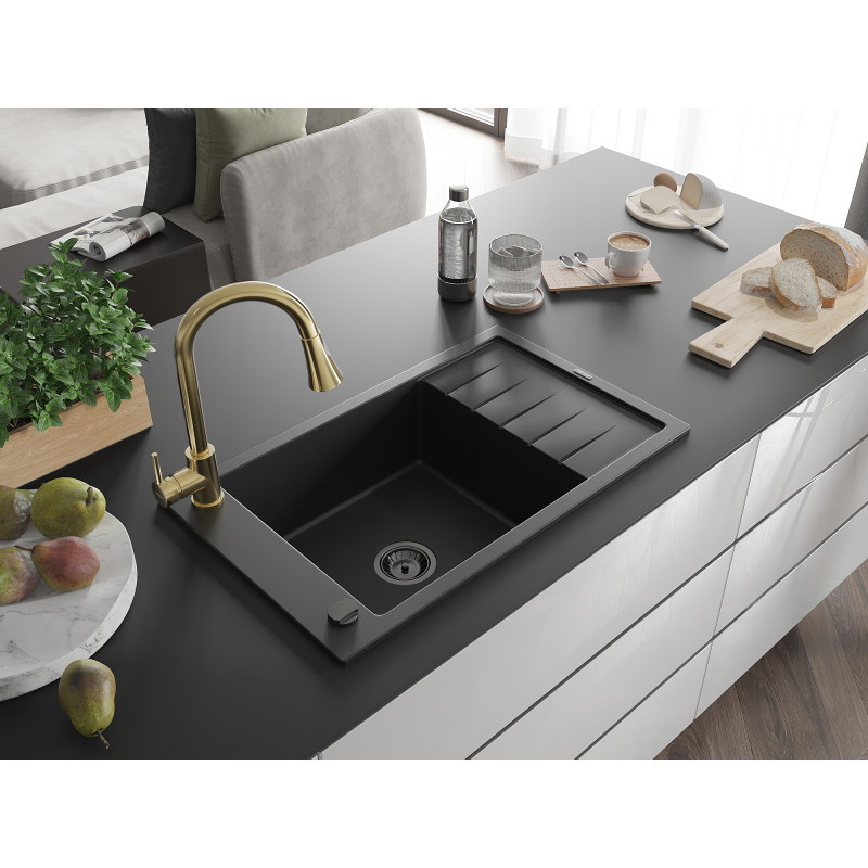 Mexen Elias Granitspüle 1-Becken mit Abtropffläche und Küchenarmatur Elia, schwarz - 6511-77-670101-50-B