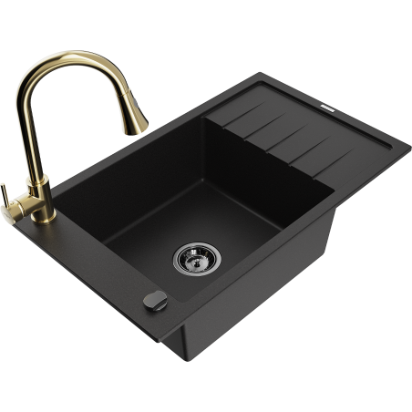 Mexen Elias Einzelbecken-Granitespüle mit Abtropffläche und Küchenarmatur Elia, schwarz - 6511-77-670101-50-B
