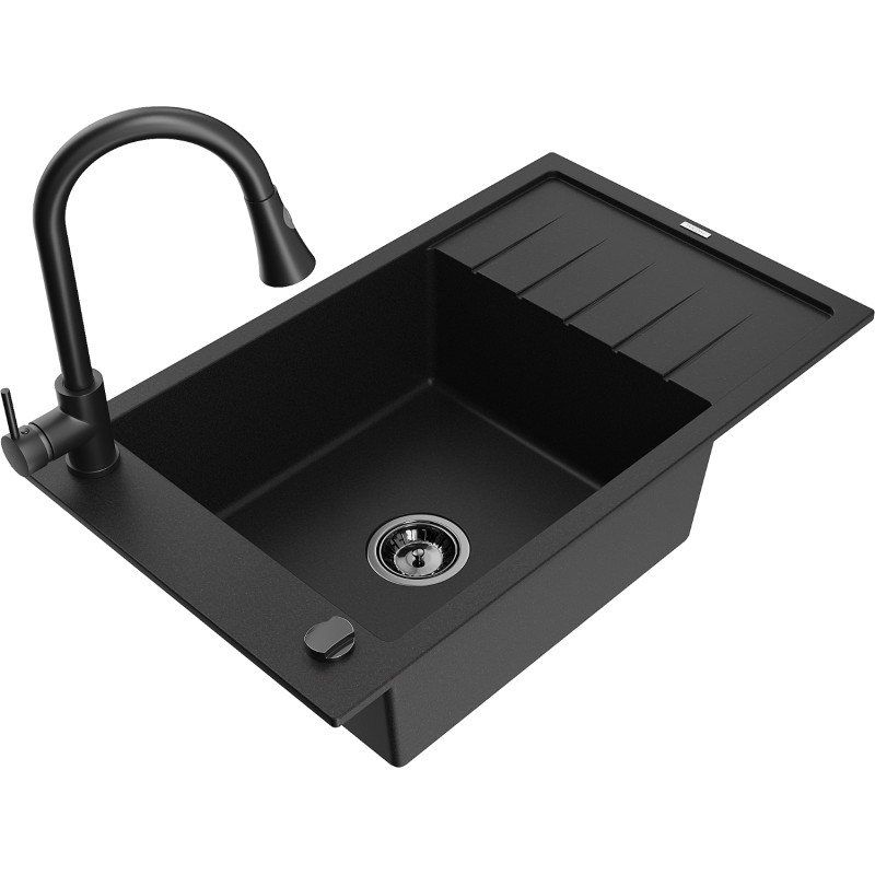 Mexen Elias Granitspüle 1-Becken mit Abtropffläche und Küchenarmatur Elia, schwarz - 6511-77-670101-70-B