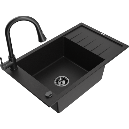 Mexen Elias Granitspüle 1-Becken mit Abtropffläche und Küchenarmatur Elia, schwarz - 6511-77-670101-70-B