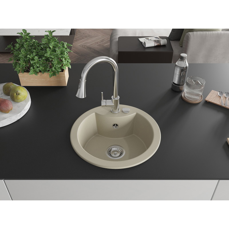 Mexen Diego Granitspüle 1-beckig mit Küchenarmatur Elia, beige - 6512-69-670101-00