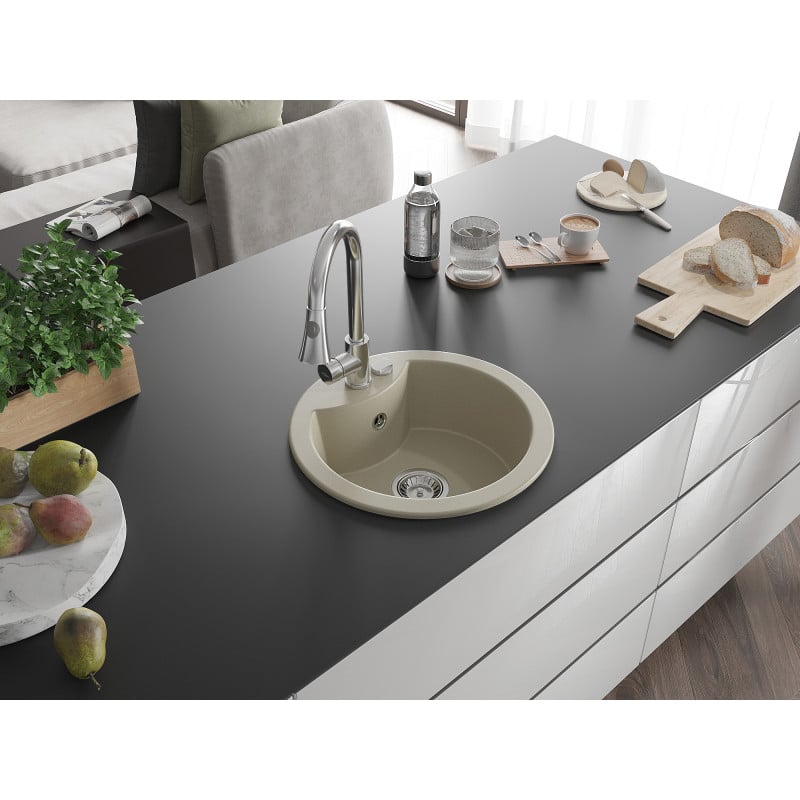 Mexen Diego Granitspüle 1-beckig mit Küchenarmatur Elia, beige - 6512-69-670101-00