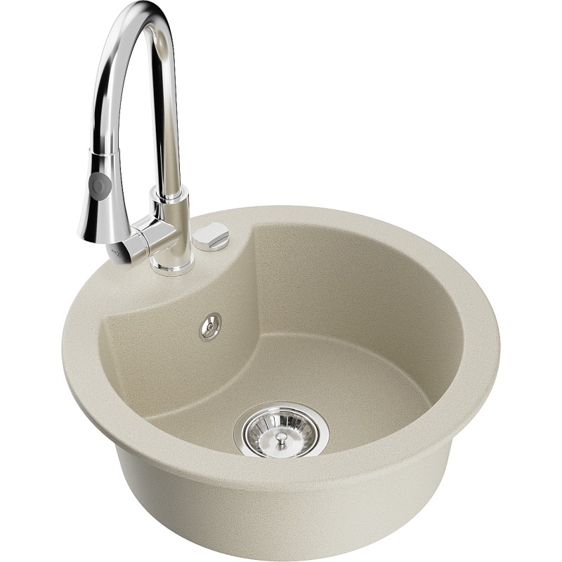 Mexen Diego Granitspüle 1-Kammer mit Küchenarmatur Elia, beige - 6512-69-670101-00