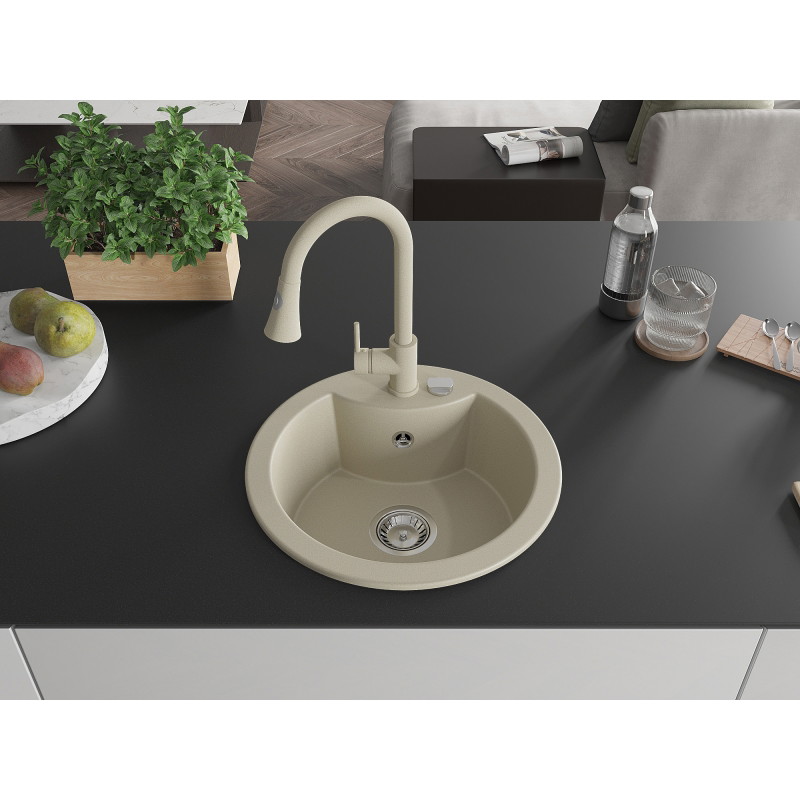 Mexen Diego Granitspüle 1-beckig mit Küchenarmatur Elia, beige - 6512-69-670101-69
