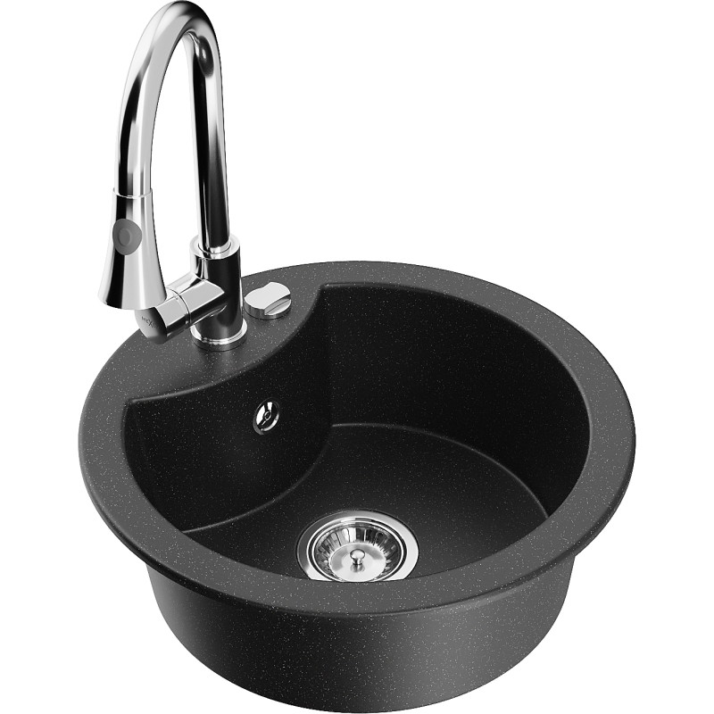 Mexen Diego Einbauspüle aus Granit mit 1 Becken und Küchenarmatur Elia, schwarz/silber metallik - 6512-73-670101-00