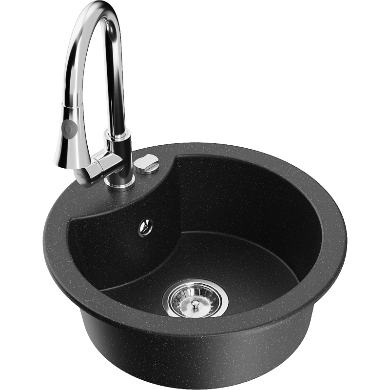Mexen Diego Granitspüle 1-beckig mit Küchenarmatur Elia, schwarz/silber Metallic - 6512-73-670101-00