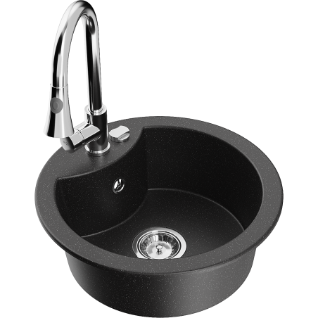 Mexen Diego Granitspüle 1-Becken mit Küchenarmatur Elia, schwarz/silber metallic - 6512-73-670101-00