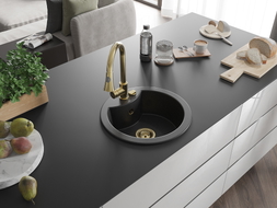 Mexen Diego Granitspüle 1-beckig mit Küchenarmatur Elia, schwarz/silber metallic - 6512-73-670101-50