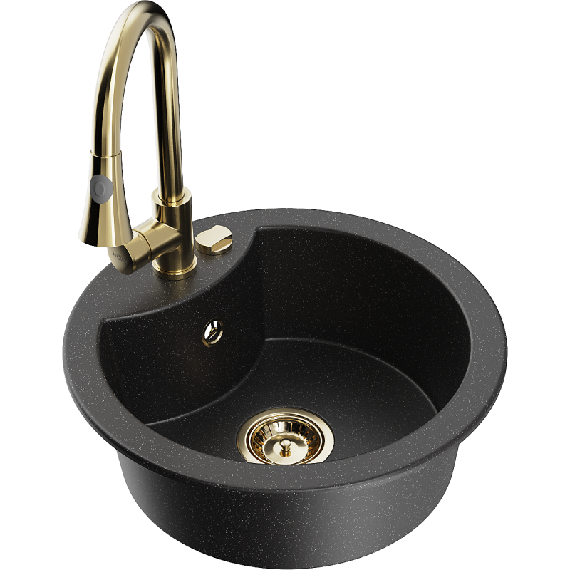 Mexen Diego Granitspüle 1-beckig mit Küchenarmatur Elia, schwarz/silber metallic - 6512-73-670101-50