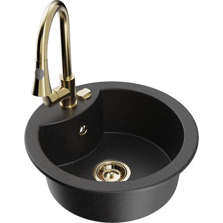 Mexen Diego Granitspüle 1-beckig mit Küchenarmatur Elia, schwarz/silber metallic - 6512-73-670101-50