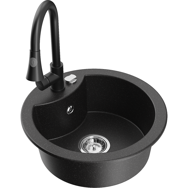 Mexen Diego Granitspüle 1-beckig mit Küchenarmatur Elia, schwarz/silber metallic - 6512-73-670101-70