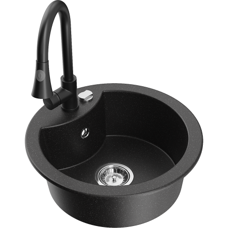 Mexen Diego einzelne Granitspüle mit Küchenarmatur Elia, schwarz/silber metallic - 6512-73-670101-70