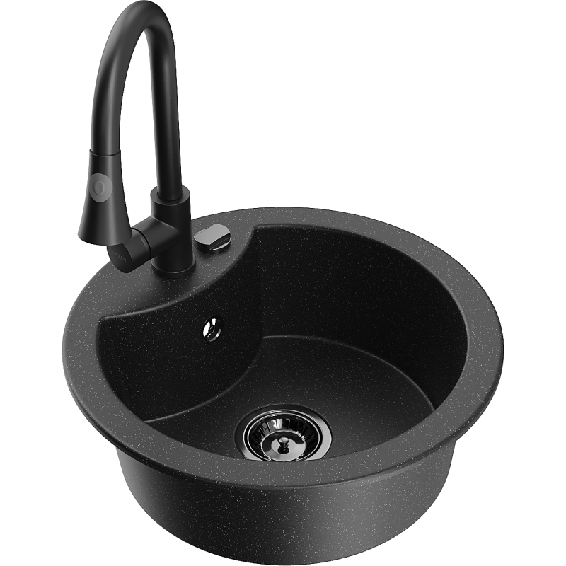 Mexen Diego Granitspüle 1-beckig mit Küchenarmatur Elia, schwarz/silber metallic - 6512-73-670101-70-B