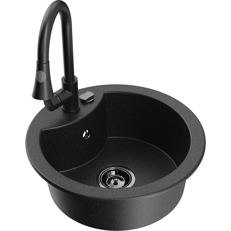 Mexen Diego Granitspüle 1-Kammer mit Küchenarmatur Elia, schwarz/silber-metallic - 6512-73-670101-70-B