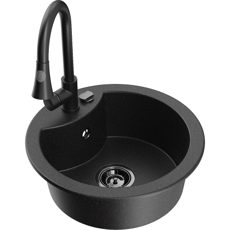 Mexen Diego Granitspüle 1-beckig mit Küchenarmatur Elia, schwarz/silber metallic - 6512-73-670101-70-B