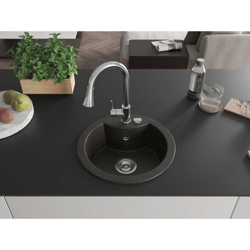 Mexen Diego Granitspüle 1-Becken mit Küchenarmatur Elia, schwarz/gold metallic - 6512-75-670101-00