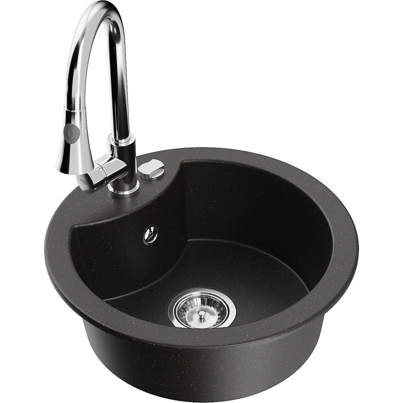 Mexen Diego Granitspüle 1-Becken mit Küchenarmatur Elia, schwarz/gold metallic - 6512-75-670101-00