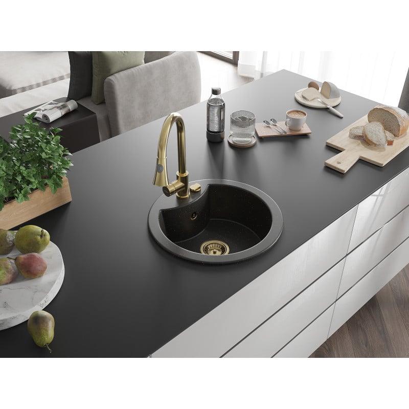 Mexen Diego Granitspüle 1-Becken mit Küchenarmatur Elia, schwarz/gold-metallic - 6512-75-670101-50