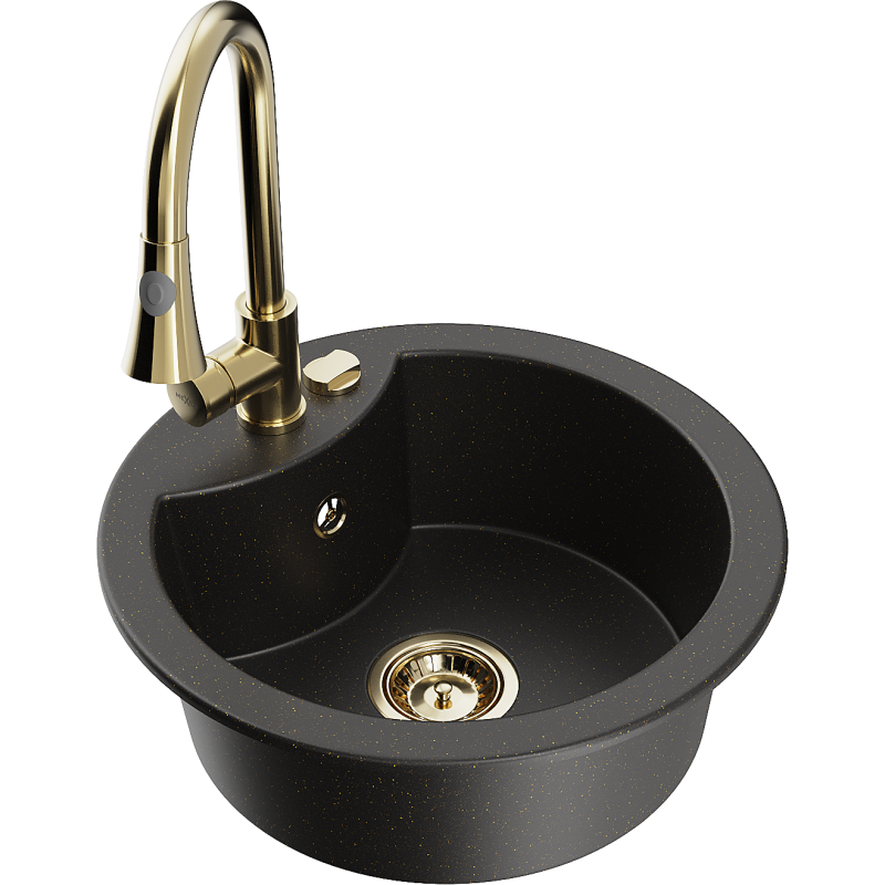 Mexen Diego Granitspüle 1-Becken mit Küchenarmatur Elia, schwarz/gold-metallic - 6512-75-670101-50