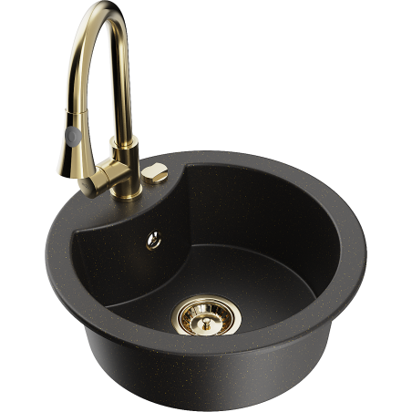 Mexen Diego Granitspüle 1-Becken mit Küchenarmatur Elia, schwarz/gold-metallic - 6512-75-670101-50