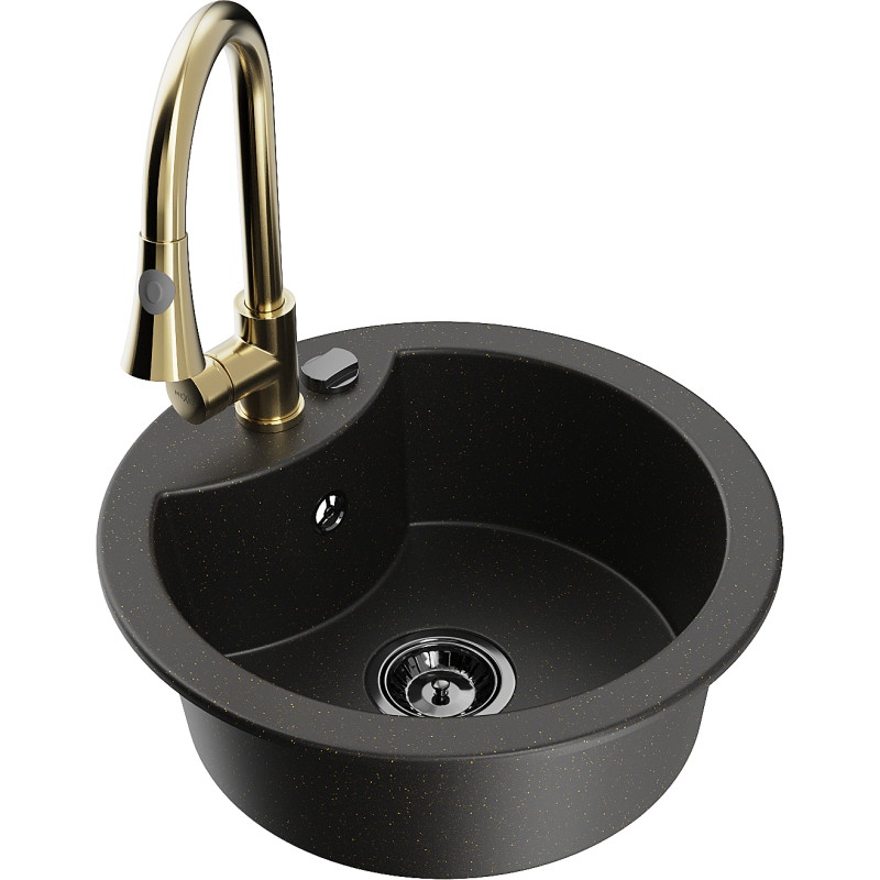 Mexen Diego granitspüle 1-becken mit küchenarmatur Elia, schwarz/gold metallic - 6512-75-670101-50-B