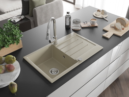 Mexen Bruno Granitspüle 1-Becken mit Abtropffläche und Küchenarmatur Elia, beige - 6513-69-670101-00