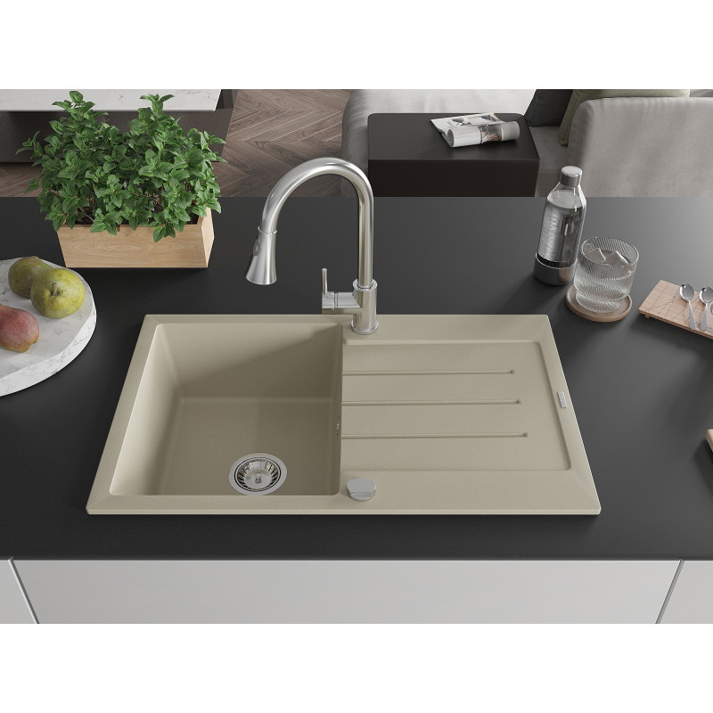 Mexen Bruno 1-Kammer Granitspüle mit Abtropffläche und Küchenarmatur Elia, beige - 6513-69-670101-00