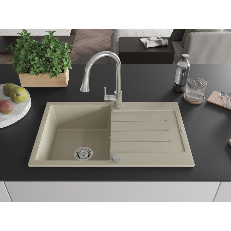 Mexen Bruno Granitspüle 1-Becken mit Abtropffläche und Küchenarmatur Elia, beige - 6513-69-670101-00