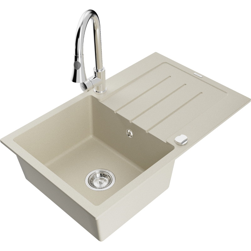 Mexen Bruno 1-Kammer Granitspüle mit Abtropffläche und Küchenarmatur Elia, beige - 6513-69-670101-00
